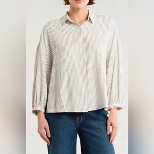 MAX STUDIO | Women's Ivory/Blk/White Striped Oversized Button Up Collard Blouse